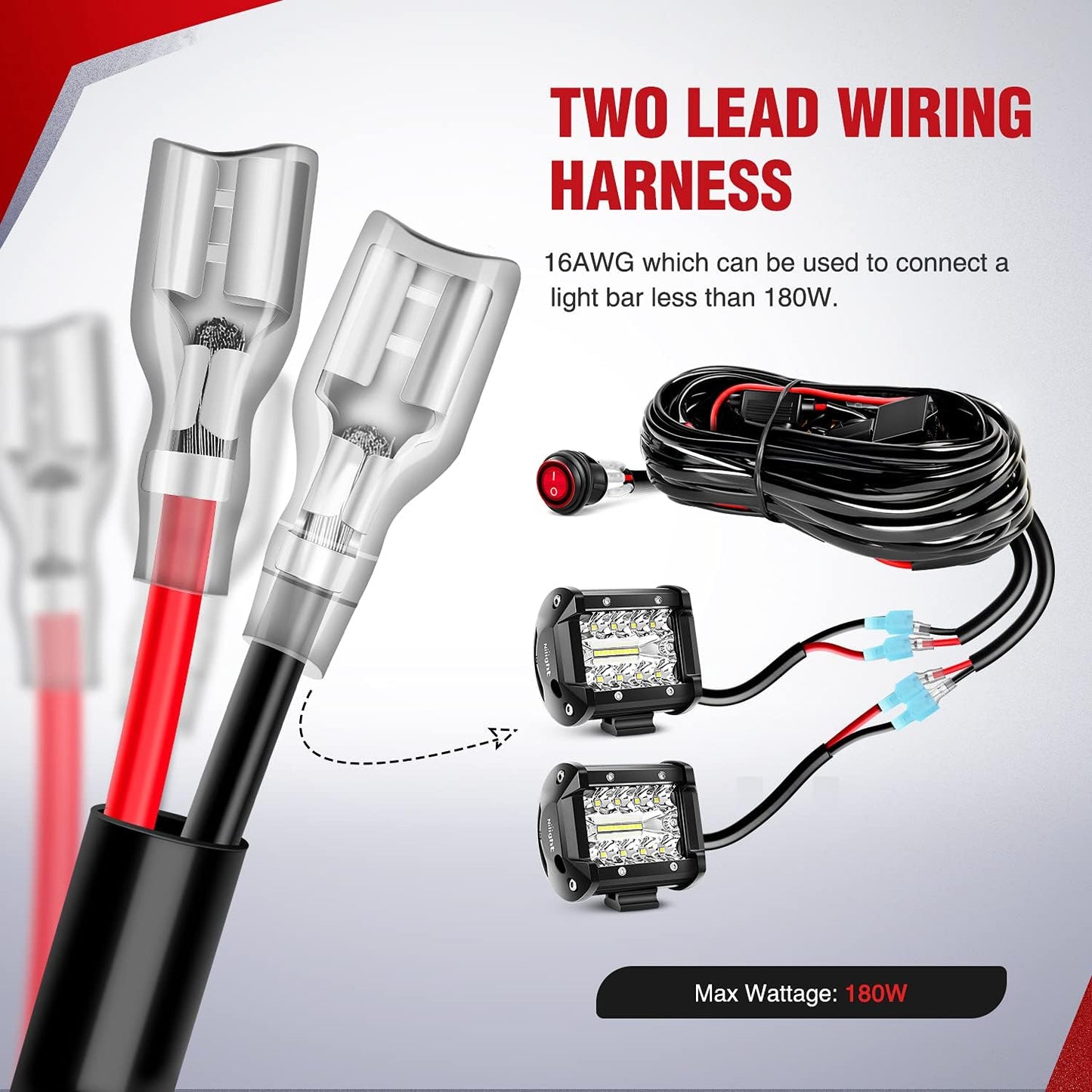 LED Light Bar Wiring Harness Kit - 2 Leads 12V On Off Switch Power Relay Blade Fuse for Off Road Lights Work Light, 2 Years Warranty,Black